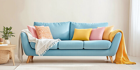 A warm and A cozy and welcoming family room with soft beige walls and a lively blue sofa, enhanced by colorful throw blankets and cushions that add warmth and personality to the room.family room featu