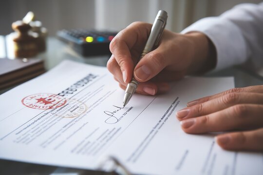Close-up of a hand signing an important document with a pen.