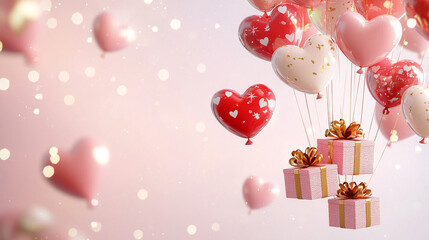 balloons in the shape of heart flying with gifts throug the air 