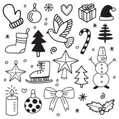 Hand-Drawn Christmas Doodle Set | Festive Black and White Holiday Illustrations. Snowman, Gifts, Trees and More