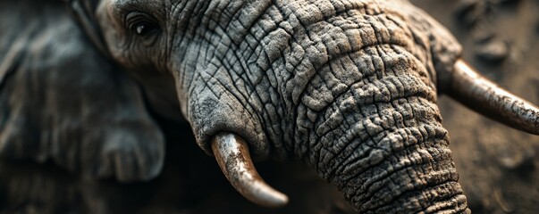 Fototapeta premium Massive elephant with wrinkled skin texture, detailed trunk, African savanna landscape