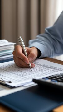 Close-up of hand writing on documents with calculator, showcasing office work.