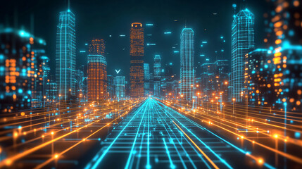 A futuristic city with flying cars, illuminated skyscrapers, and towering monoliths rising from a glowing grid.