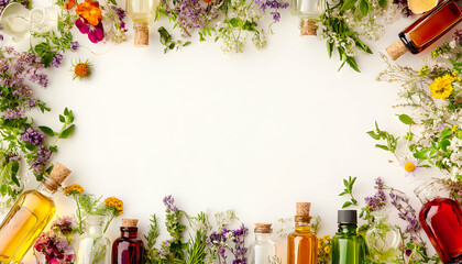 Aromatic herbal essential oils and flowers border frame on white background. Perfect for wellness, spa, beauty, and aromatherapy concepts.