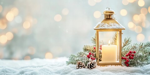 A serene winter scene featuring a lantern with a candle surrounded by pine branches and berries, perfect for holiday celebrations and cozy decor.