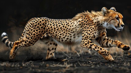 Obraz premium A cheetah sprinting across a dark, sandy landscape, showcasing its speed and agility.