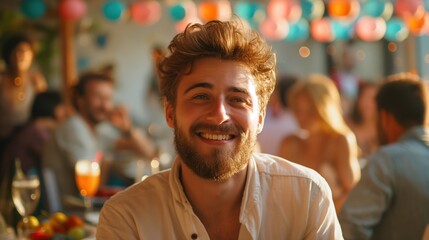 Fototapeta premium A White man enjoys his birthday surrounded by friends, joyful atmosphere, colorful decorations, and delicious food