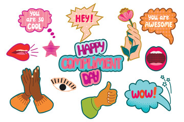 Happy Compliment Day! Cartoon banner in Pop Art style.Speech bubbles with hand written text, clapping palms, hand with flower, gesture of approval, lips and eye.Vector flat color illustration on white