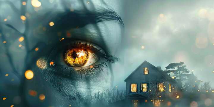 Human Eye Reflecting House at Night with Overlay