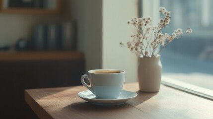 A serene coffee moment captured with a steaming cup beside a delicate vase of flowers on a sunny window sill