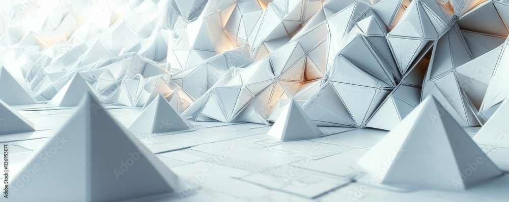 Poster light high tech surface with triangular pyramids. white, polygonal banner.