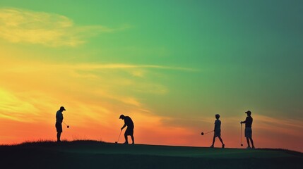 Fototapeta premium Silhouetted golfers on a putting green at sunset.
