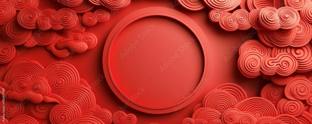 Poster lunar new year design background, with circle frame and clouds on 3d pattern. red eastern template w