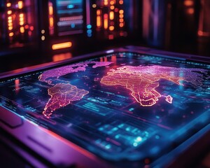 A glowing holographic map displaying a successful global cloud deployment, servers glowing faintly in the background