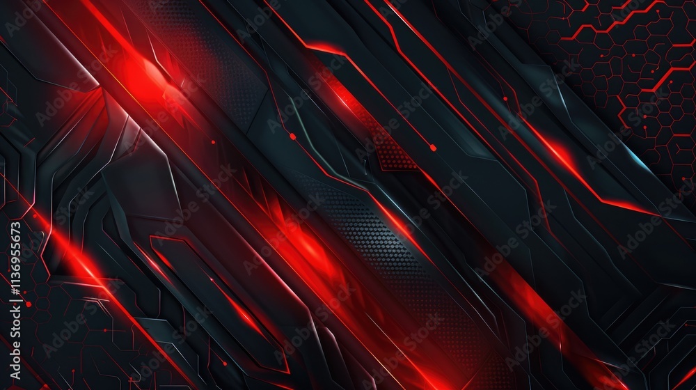 Poster abstract design featuring red and black geometric patterns with a futuristic feel.