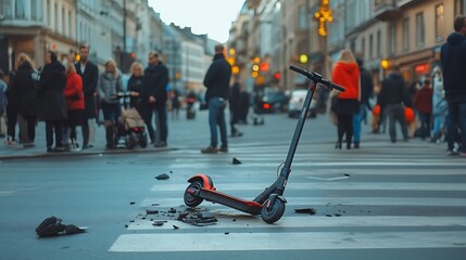 Obraz premium Damaged electric scooter on city street amidst pedestrians.
