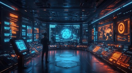 A serene control center where backups for virtual machines are monitored on glowing holographic dashboards