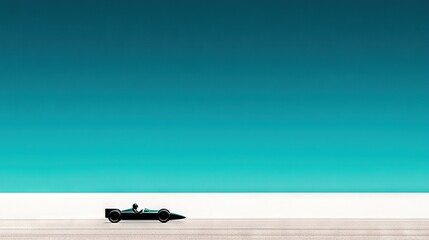   A man drives a car on a flat road under a blue sky in both the foreground and background