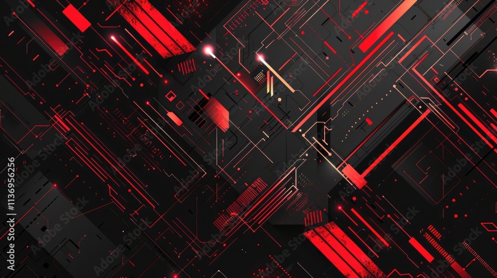 Poster abstract digital design featuring red and black geometric patterns and lines.