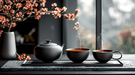 Obraz premium Serenity in a teapot moment with warm cups and blooming branches