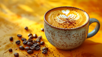 Warm cup of coffee with heart art sits on a golden table