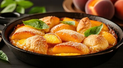   A pan filled with peaches dusted in powdered sugar and garnished with fresh leaves