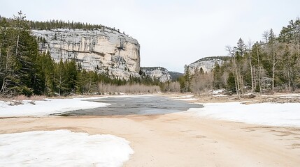 River flows between snow covered banks and towering limestone cliffs