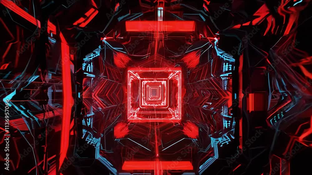 Poster futuristic neon tunnel with symmetrical geometric patterns in red and blue light