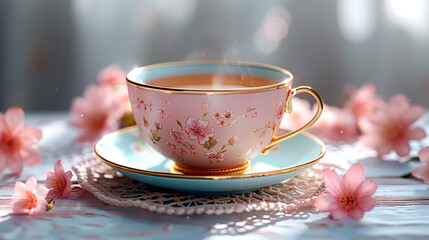 Fototapeta premium Delicate tea cup surrounded by blossoms in a serene morning setting