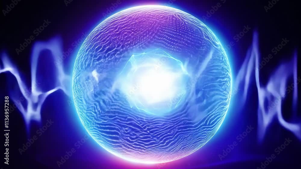 Poster glowing energy orb with neon effects and abstract patterns