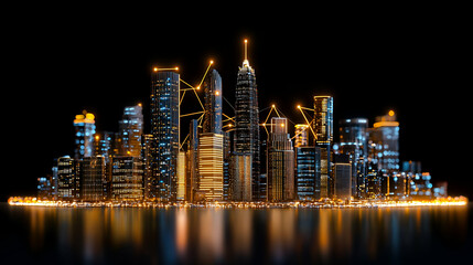 A vibrant city skyline illuminated at night, showcasing modern skyscrapers with glowing lights and dynamic lines representing connectivity and technology.