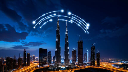 Fototapeta premium A stunning night view of skyscrapers with glowing arcs above, symbolizing connectivity and modern architecture in a vibrant urban landscape.