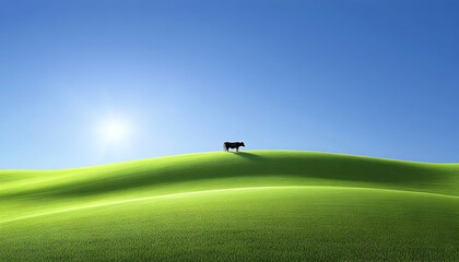 Serene landscape photo of a lone cow grazing on a vibrant green hill under a clear blue sky.  Peaceful, idyllic pastoral scene.