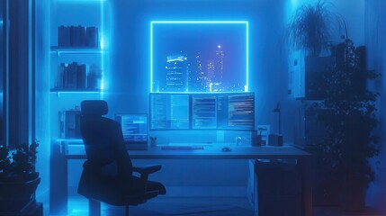 A serene workspace where glowing holograms represent realtime file access, cinematic tones