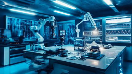 A futuristic research lab with glowing screens, robotic arms, and advanced scientific equipment.