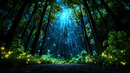 Obraz premium A serene forest scene illuminated by glowing lights, creating a magical atmosphere with trees and a vibrant blue sky above.