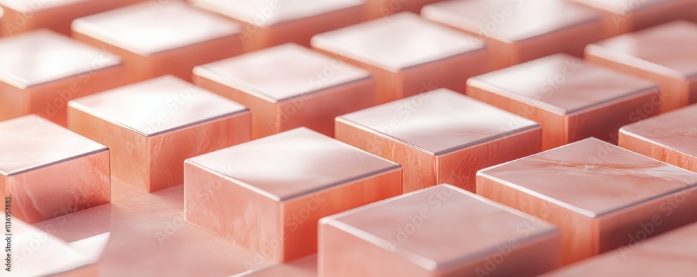 Poster polished tiles arranged to create a square wall. 3d, futuristic background formed from peach blocks.