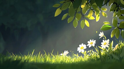 Obraz premium A daisy painting in grass, lit by a sunny tree
