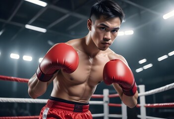 A muscular Asian male boxer with short dark hair wearing red boxing gloves and shorts, standing in a boxing ring with a blurred background