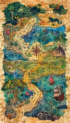 Obraz premium Vibrant and intricate treasure map illustration featuring pathways, trees, and water elements