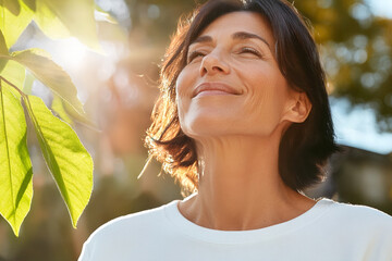 Portrait of smiling mature woman enjoying wonderful sunny day in nature. Active lifestyle