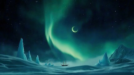 Fototapeta premium A boat sails on water beneath green and blue skies, with the distant moon shining brightly overhead