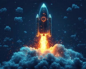 A symbolic glowing rocket overlay launching into a digital cloud, representing deployment efficiency, dramatic focus