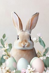 Obraz premium A charming bunny poses elegantly with pastel-colored Easter eggs, celebrating the essence of spring festivities.