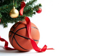Basketball under Christmas tree with red ribbon. New Year's advertising banner for store selling sporting goods. Poster of basketball match. White background. Blank space for text. Copy space