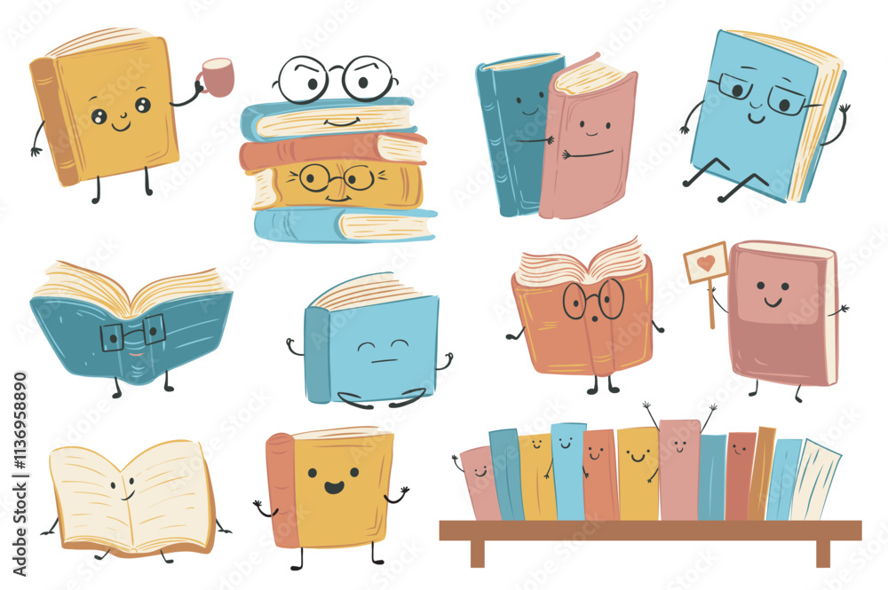 Aufkleber cute book characters set elements in flat graphic design. collection of funny books with smiling fac