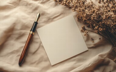 A blank card styled with vintage decor like a fountain pen, a sealed envelope, and dried flowers on a warm beige background