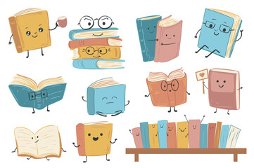 Cute book characters set elements in flat graphic design. Collection of funny books with smiling faces wear glasses, hold cup, hug, love, read, stack of textbooks, stand on shelf. Vector illustration.