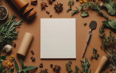 A clean white card surrounded by culinary items like herbs, spices, and a rolling pin on a warm brown background