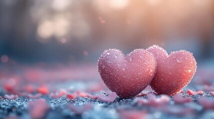 Obraz premium Two sparkling hearts surrounded by soft petals create a romantic atmosphere, representing love and connection.